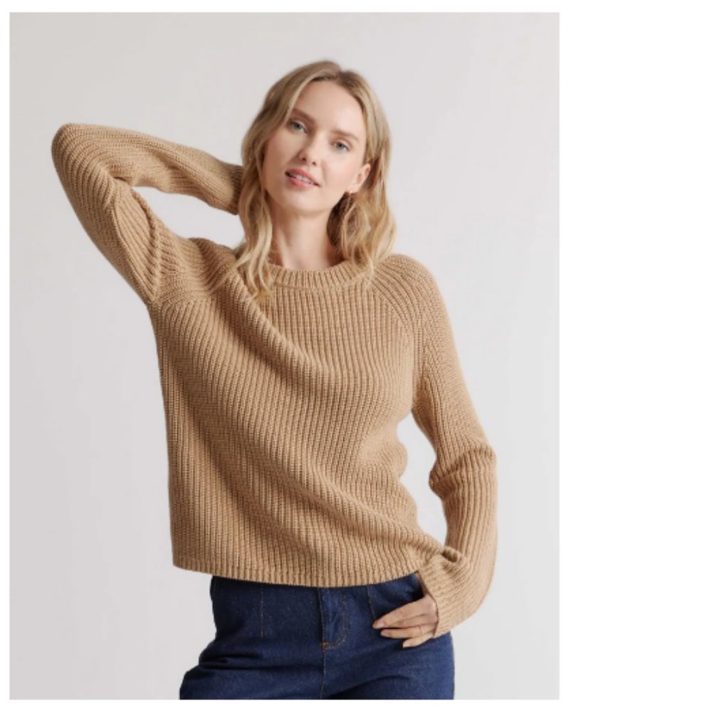 Quince 100% Organic Cotton Fisherman Crew Sweater Medium Tan